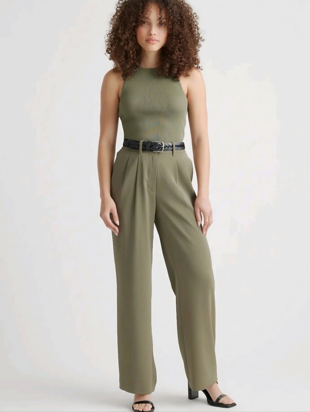 QUINCE Strecth Crepe Pleated Wide-Leg Olive Green Tailored Trousers Women's SZ 2